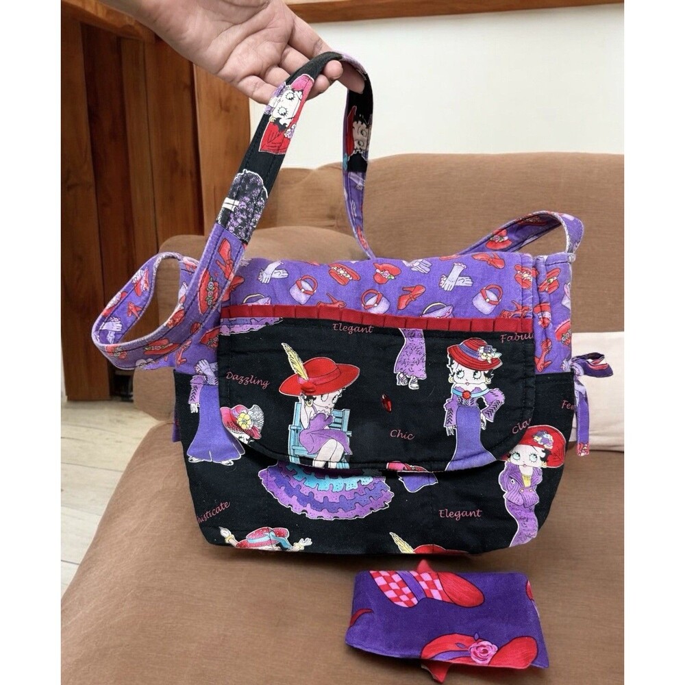 Betty Boop Retro Y2K 90s Fabric Shoulder Bag Hearts Purple W/ Matching Wallet